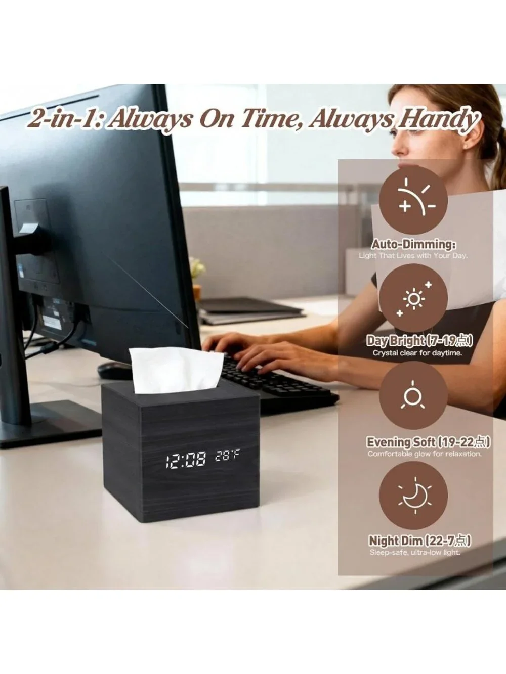 Home Black Digital Cordless Alarm Temperature Display Wooden Tissue Box Clock